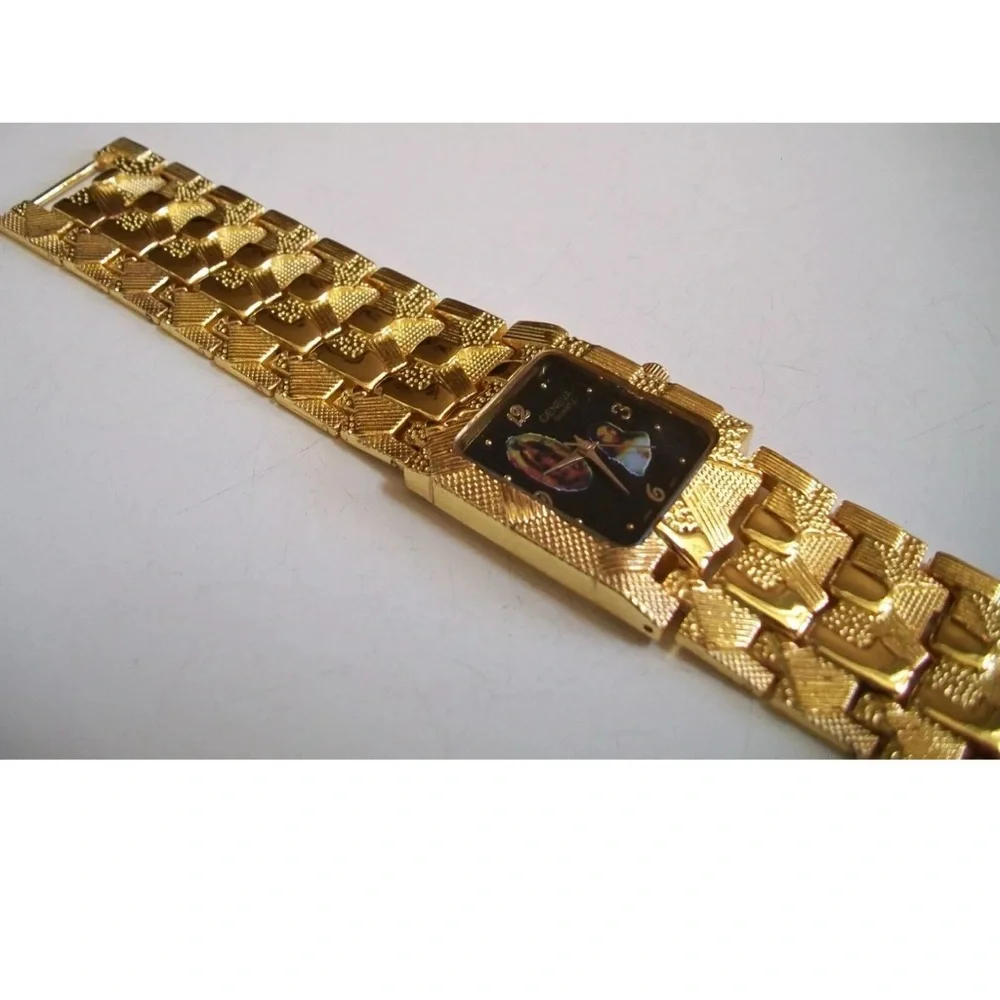 Men's Gold Finish Nugget Style VIRGIN MARY GUADALUPE & JESUS Fashion Watch